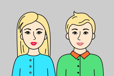 İki yetişkin, Avrupalı aile, sarı saçlı erkek ve kadın. Bir çift cana yakın insan, basit bir karikatür portresi. Vektör düz tasarım, düzenlenmesi kolay.