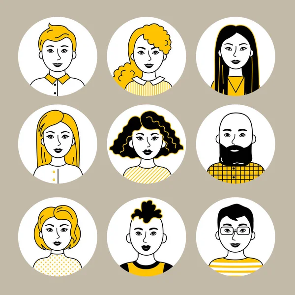 Men and women of different nations, black and orange colors. Asian, European, African people, cartoon simple portraits. Multiethnic society. Collection of avatars. Set of vector flat pictograms.