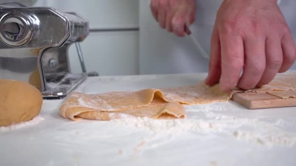 Fabrication de pâtes, tranchage de pâte pour la fabrication de pâtes maison, gros plan, 4K — Video