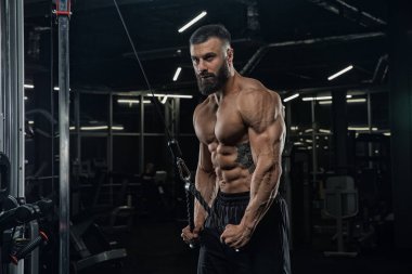 Çekici uzun kaslı vücut geliştirici. Moder fitness merkezinde ağırlık kaldırıyor..