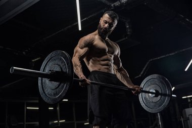 Çekici uzun kaslı vücut geliştirici. Moder fitness merkezinde ağırlık kaldırıyor..