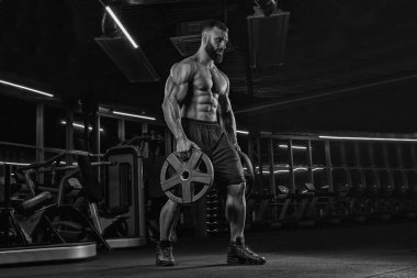 Çekici uzun kaslı vücut geliştirici. Moder fitness merkezinde ağırlık kaldırıyor..