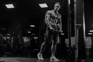 Kaslı adam, triceps, güçlü erkek çıplak gövde abs egzersizleri yapıyor spor salonunda egzersiz