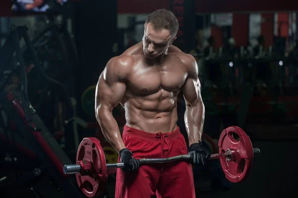Bel Homme Avec Gros Muscles Entraîne Dans Salle Gym Des — Photo