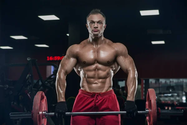 Bel Homme Avec Gros Muscles Entraîne Dans Salle Gym Des — Photo