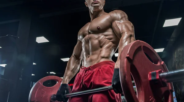 Schöner Mann Mit Großen Muskeln Trainiert Der Turnhalle Übungen — Stockfoto