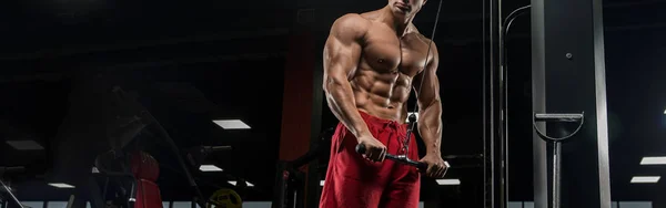 Homem Musculoso Exercitando Ginásio Fazendo Exercícios Tríceps Abdominais Fortes Tronco — Fotografia de Stock