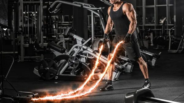 Men Battle Rope Battle Ropes Exercise Fitness Gym Crossfit Concept — Stock Photo, Image