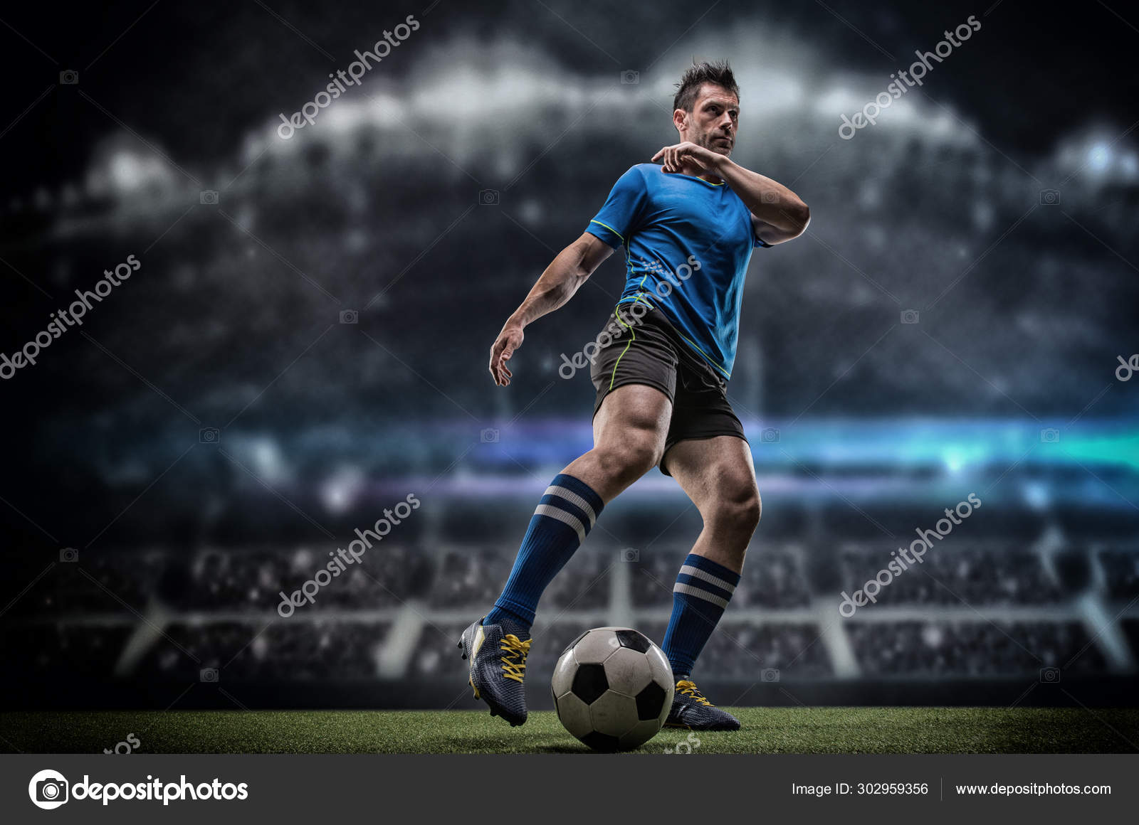 Jogador de futebol americano em jogo de ação com fundo de estádio de futebol
