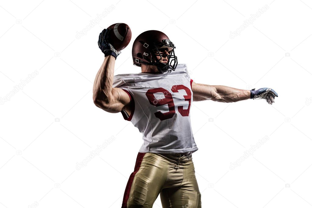 American football sportsman player on stadium with lights on background