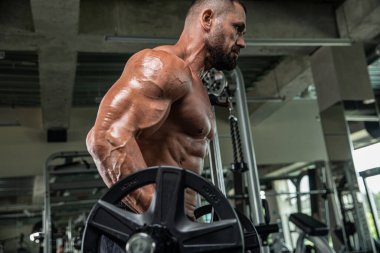 Çekici uzun kaslı vücut geliştirici. Moder fitness merkezinde ağırlık kaldırıyor..