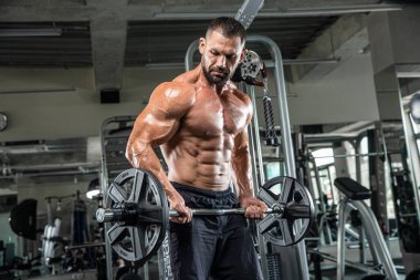 Çekici uzun kaslı vücut geliştirici. Moder fitness merkezinde ağırlık kaldırıyor..