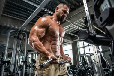 Çekici uzun kaslı vücut geliştirici. Moder fitness merkezinde ağırlık kaldırıyor..