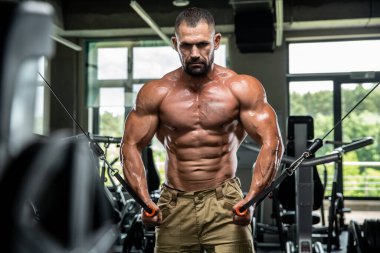 Çekici uzun kaslı vücut geliştirici. Moder fitness merkezinde ağırlık kaldırıyor..