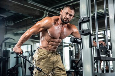 Çekici uzun kaslı vücut geliştirici. Moder fitness merkezinde ağırlık kaldırıyor..