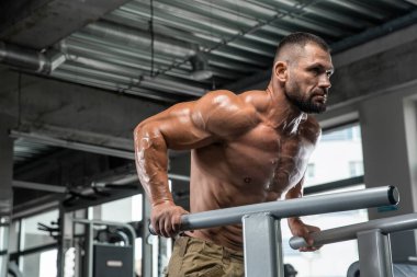 Çekici uzun kaslı vücut geliştirici. Moder fitness merkezinde ağırlık kaldırıyor..