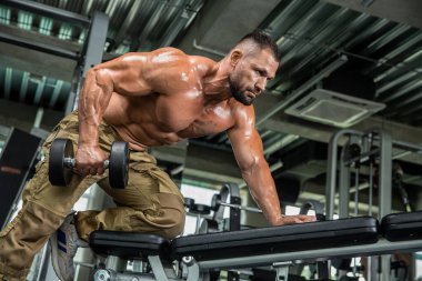 Çekici uzun kaslı vücut geliştirici. Moder fitness merkezinde ağırlık kaldırıyor..