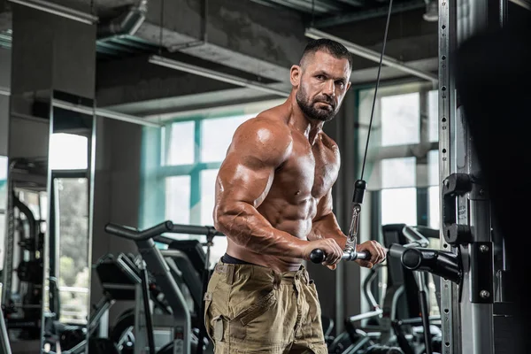 Çekici uzun kaslı vücut geliştirici. Moder fitness merkezinde ağırlık kaldırıyor..