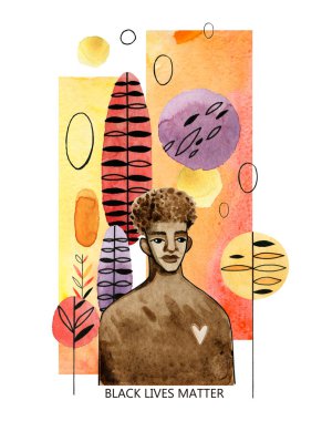 Siyah Yaşamlar önemlidir sloganıyla modern fütüristik tarzda Afro-Amerikan erkeğinin suluboya çizimi. Soyut unsurlar dikey bir şeride dizilmiş ve beyaz bir arkaplanda izole edilmiştir..