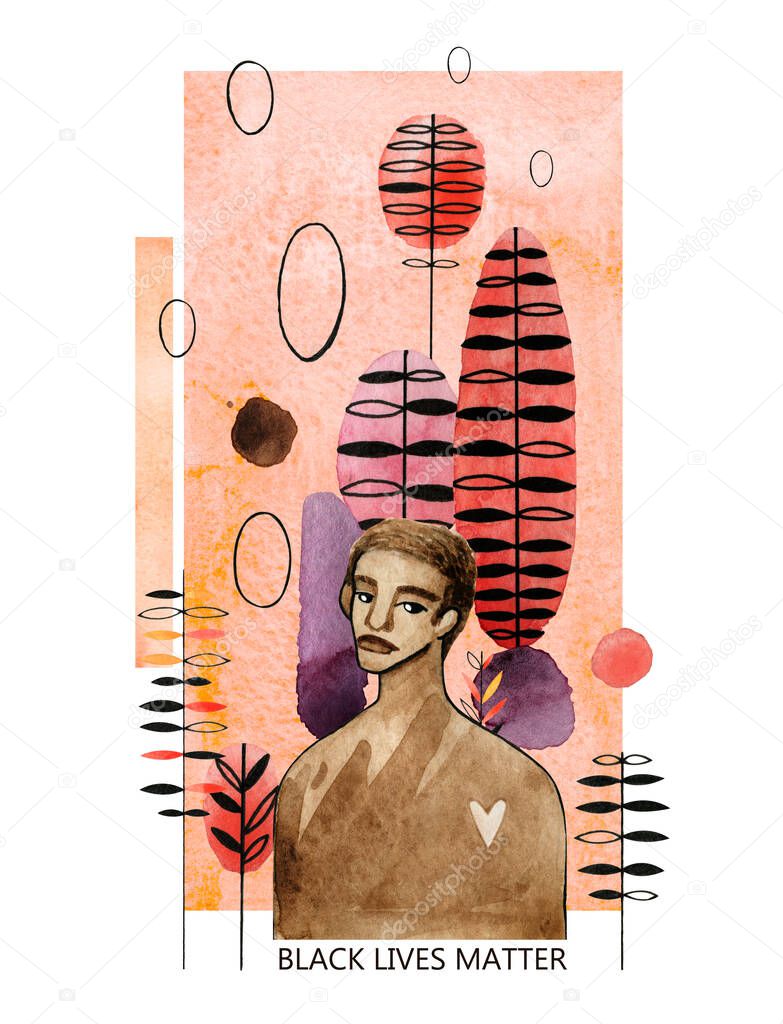 Watercolor illustration of african american man in modern futuristic style with the slogan Black Lives Matter. Abstract elements are arranged on a vertical orange stripe
