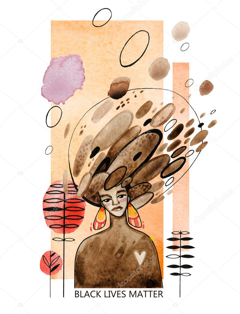 Watercolor illustration of african american girl in modern futuristic style with the slogan Black Lives Matter. Abstract elements are arranged on a vertical strip and isolated on a white background