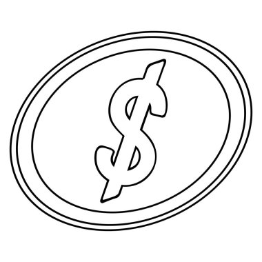 Amerikan doları sembolü. Bozuk para. Vektör çizimi. İzole edilmiş beyaz bir arkaplanda ana hatlar. Doodle tarzı. Robot resim. Para birimleri. İş ve finans konuları. Boyama. Web tasarımı ve ikonografi için illüstrasyon.