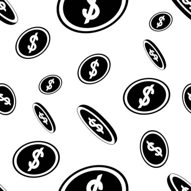 Amerikan doları sembolü. Bozuk paralar düşüyor. Sonsuz vektör modeli. İzole edilmiş şeffaf bir arkaplanda süs. Düz stil. Para birimleri. İş ve finans konuları. Kapak resmi, duvar kağıdı, tekstil.