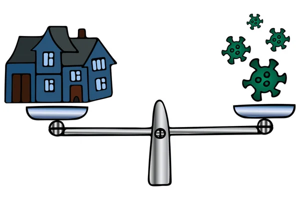 Casa Coronavirus Equilibrio Para Sopesar Decisiones Económicas Ilustración Vectores Color — Archivo Imágenes Vectoriales