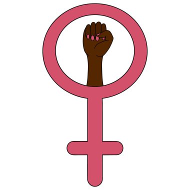 Dünyanın dört bir yanındaki kadınların hakları için verilen mücadele. Afrikalı Amerikalı bir kadının eli. İzole edilmiş beyaz bir arkaplanda vektör çizimi. Feminist hareketin sembolü. Venüs 'ün aynasında sıkılmış bir yumruk. Çizgi film tarzı. Web tasarımı için fikir