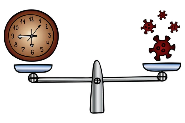 Relógio Coronavírus Ilustração Vetorial Colorida Equilíbrio Para Pesagem Médica Decisão — Vetor de Stock