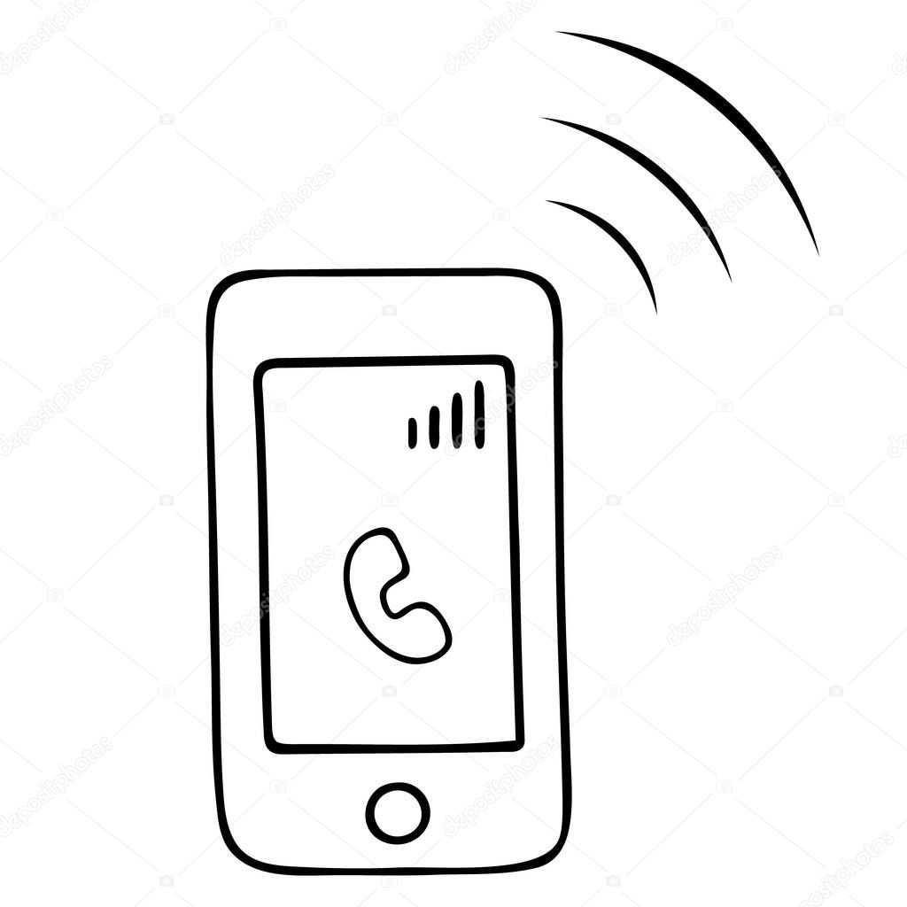Incoming call. Vector. Sketch. Smartphone. The touch phone rings loudly. Outline on an isolated white background. On-screen sign of the handset and signal indicator. Doodle style.The connection is excellent. Modern technology. Communication icon.