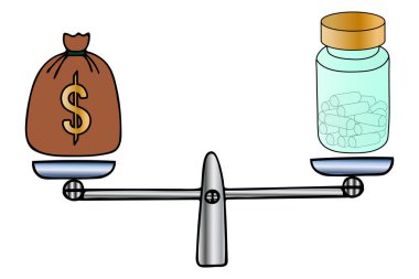 İçinde Amerikan doları ve ilaç olan bir çanta. Tıbbi ve ekonomik kararları tartmak için denge. Renkli vektör çizimi. İzole edilmiş beyaz arka plan. Finansal kriz. Hapların yüksek maliyeti. Kapsülden yardım. Çizgi film biçimi.