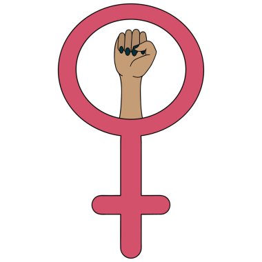 Feminist hareketin sembolü. İzole edilmiş beyaz bir arkaplanda vektör çizimi. Asyalı bir kadının eli. Dünyanın dört bir yanındaki kadınların hakları için verilen mücadele. Venüs 'ün aynasında sıkılmış bir yumruk. Çizgi film tarzı. Cinsiyet kimliğinin işareti.