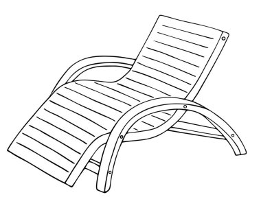 Şezlong. Vektör çizimi. İzole edilmiş beyaz bir arkaplanda özet geç. Doodle tarzı. Robot resim. Güneş yatağı plajı. Güneşlenmek için uygun bir yer. Deniz kenarında yaz tatili için bir cihaz. Plaj sandalyesi. Tahta plaj bankı.
