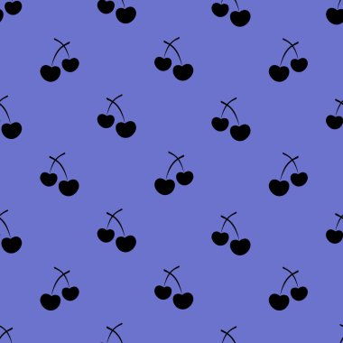 Kirazlar. Siluet. Kusursuz böğürtlen süsü. Vektör deseni tekrarlanıyor. İzole edilmiş mor bir arkaplanda özet geç. Düz stil. Çiftlikten tatlı meyve. Web tasarımı, ambalaj, duvar kağıdı, kapak, tekstil için fikir. Resim Grafiği.