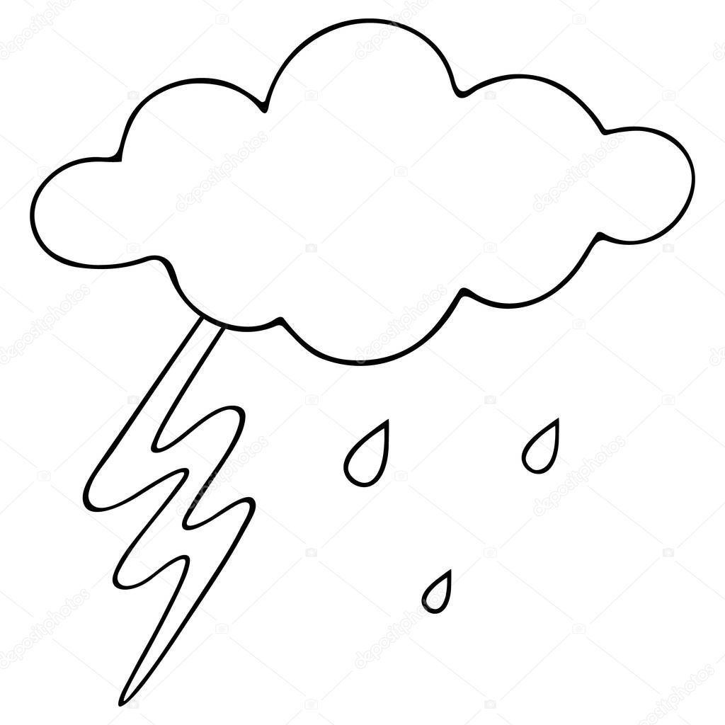 Lightning, cloud and raindrops. Sketch. Storm. Vector illustration. Outline on an isolated white background. Weather forecast. The beginning of a downpour. Doodle style. Bright electric discharge. Drops are dripping from heaven. Idea for web design.