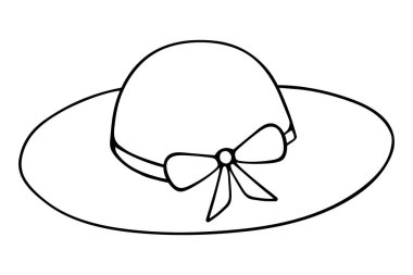 Şapka dişi. Robot resim. Fiyonklu hasır şapka. Vektör çizimi. İzole edilmiş beyaz bir arkaplanda özet geç. Güneş koruması. Sahilde şekerleme yapıyor. Doodle tarzı. Tatil havası. Web tasarımı için fikir. Renkler.