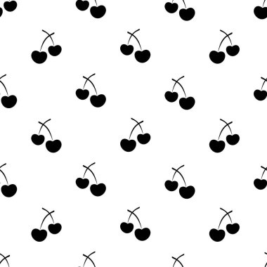 Kirazlar. Siluet. Kusursuz böğürtlen süsü. Vektör deseni tekrarlanıyor. İzole edilmiş renksiz bir arkaplanda özet geç. Düz stil. Çiftlikten tatlı meyve. Web tasarımı, ambalaj, duvar kağıdı, kapak, tekstil için fikir. Piktogram. İştah açıcı desen.