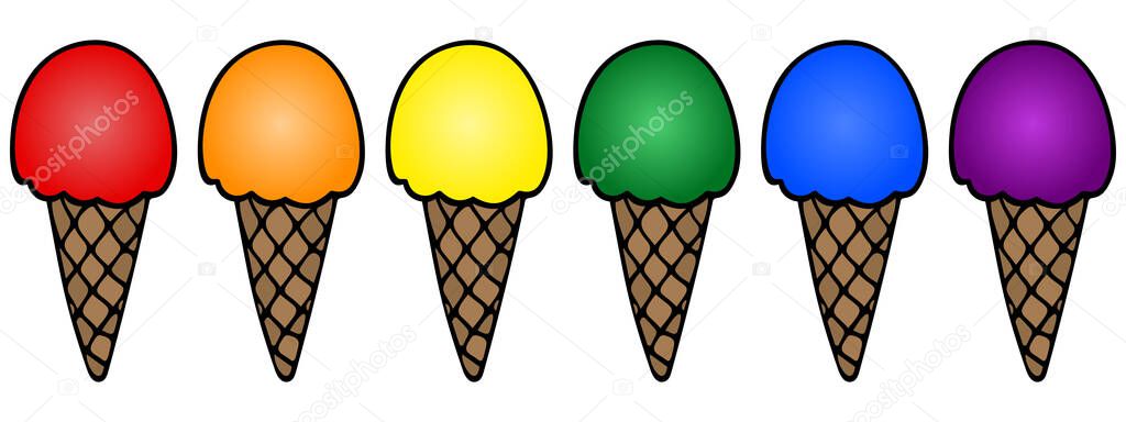 Ice cream colors of the rainbow pride flag. Vector set illustration. A collection of sweets on an isolated background. LGBT. Crispy waffle cone. International symbol. Cartoon style. Summer mood. Popsicle cone. Web design. Getting positive emotions
