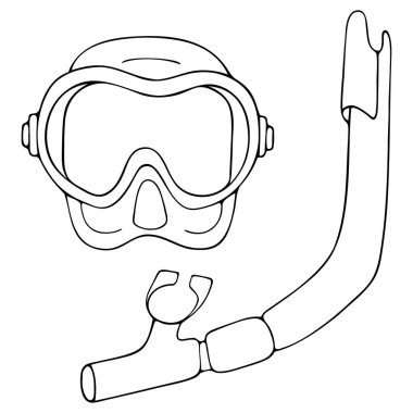 Şnorkelle yüzmek. Robot resim. Vektör çizimi. Tüplü dalış için maske ve şnorkel. İzole edilmiş beyaz bir arkaplanda özet geç. Doodle tarzı. Suyun altında yüzmek için gerekli malzemeler. Dalgıç için özel bir cihaz. Web tasarımı için fikir. Tatil havası.
