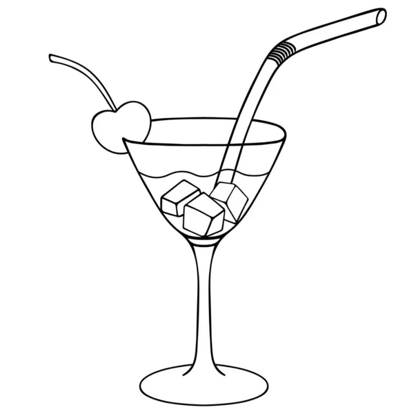 Martini Mit Eiswürfeln Vektorillustration Skizze Erdbeerdekoration Trinkhalm Aus Plastik Umriss — Stockvektor
