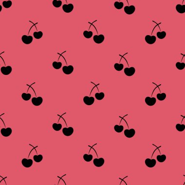 Siluet. Kirazlar. Kusursuz böğürtlen süsü. Vektör deseni tekrarlanıyor. İzole mercan arka planının taslağı. Düz stil. Çiftlikten tatlı meyve. Web tasarımı, ambalaj, duvar kağıdı, kapak, tekstil için fikir. Piktogram. İştah açıcı desen. Siluet