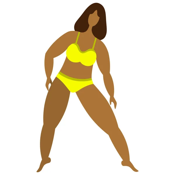 Latino American Woman Goes Sports Girl Yellow Bikini Body Positive — Stock Vector