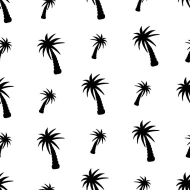 Hawaii dürtüleri. Palma. Siluet. Tekrar eden süs. Kusursuz vektör deseni. İzole edilmiş renksiz bir arkaplanda özet geç. Düz stil. Tropikal ağaç. Palmiye ağacı. Duvar kağıtları, ambalajlar, kapaklar, tekstil fikirleri. Tatil havası. Egzotik bitki.