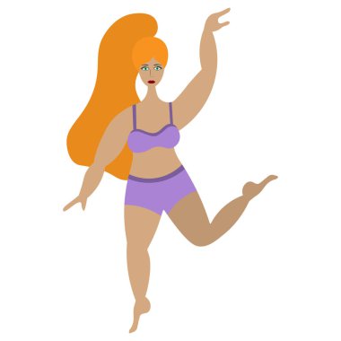 Kızıl saçlı bayan dans ediyor. Vücut pozitif. Spor giyim sektöründe çekici şişman kadın. Vektör çizimi. İzole edilmiş beyaz arka plan. Düz stil. Artı boyut modeli. Vücuduna olan sevgin. Saçları at kuyruklu bir kız. Web tasarımı için fikir.