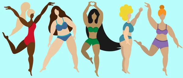 Women of various physiques. Body positive. Collection of vector illustrations. Isolated turquoise background. Flat style. Lady of different skin tones and cultures. Girls go in for sports, dance. Love for your body. Underwear model. Web design.
