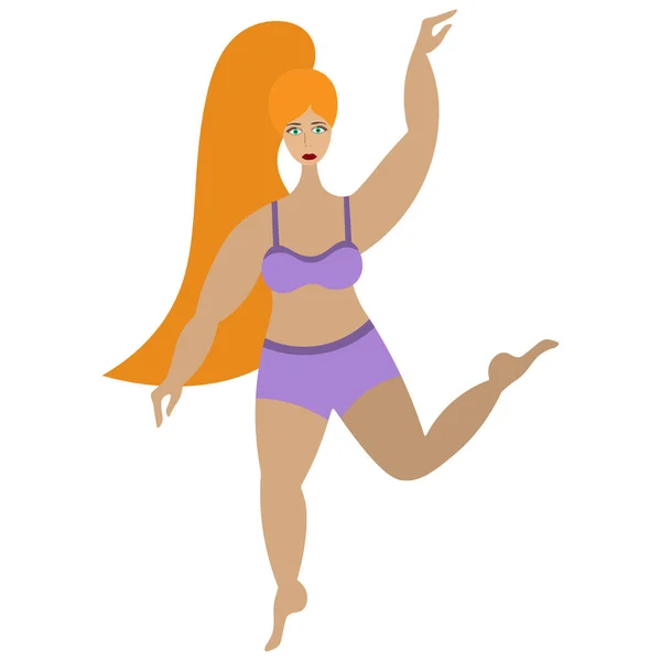 Senhora Ruiva Está Dançar Corpo Positivo Estilo Plano Ilustração Vetorial — Vetor de Stock