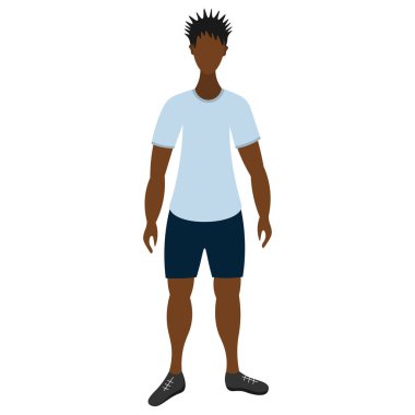 Şık bir saç kesimi olan bir adam. Adam Afro-Amerikalı. Vektör çizimi. İzole edilmiş beyaz arka plan. Düz stil. Tişörtlü, şortlu ve spor ayakkabılı bir adam. Spor giyim modeli sağlıklı bir hayat sürüyor. İsimsiz biri. Adam poz veriyor.. 