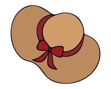 Şapka dişi. Fiyonklu saman başlık. Renkli vektör çizimi. İzole edilmiş beyaz arka plan. Çizgi film tarzı. Güneş çarpması koruması. Plaj hırsızı. Şık bir aksesuar. Tatil havası. Web tasarımı için fikir.