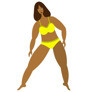 Latin kadın spora gider. Sarı bikinili kız. Vücut pozitif. Vektör çizimi. İzole edilmiş beyaz arka plan. Düz stil. Kısa saçlı bir bayan. Vücuduna olan sevgin. Artı boyut modeli. Özgüven. Web tasarımı için fikir.